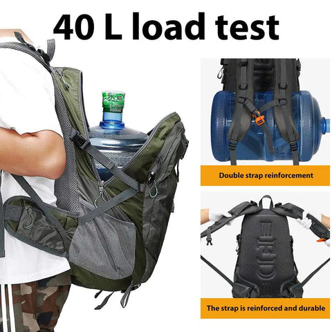 40L Go-To Waterproof Hiking Backpack For Men And Women load test with water bottles, showcasing durability and breathable mesh padding, green.