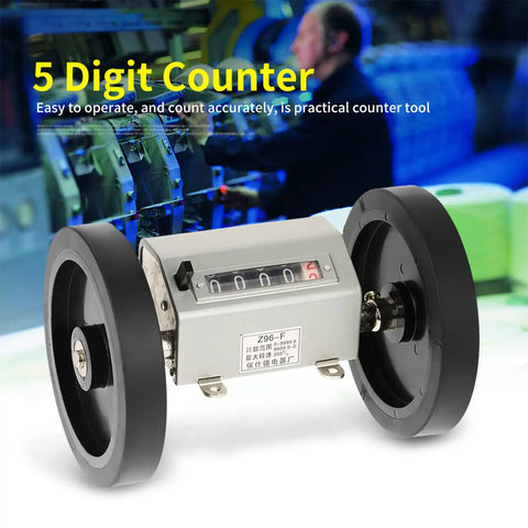 Heavy Duty Metal Rope And Cable Length Counter Featuring Hella Sturdy Rolling Wheel And Dead On Five Digit Readout shown from side angle with wheels.