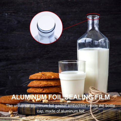 Premium Aluminum Foil Sealing Gasket Liners For Plastic Silver Bottles And Glass Jars To Keep Herbs Spices Fresh Waterproof Pressure Sensitive Air Seal Cap Insert on a milk bottle.