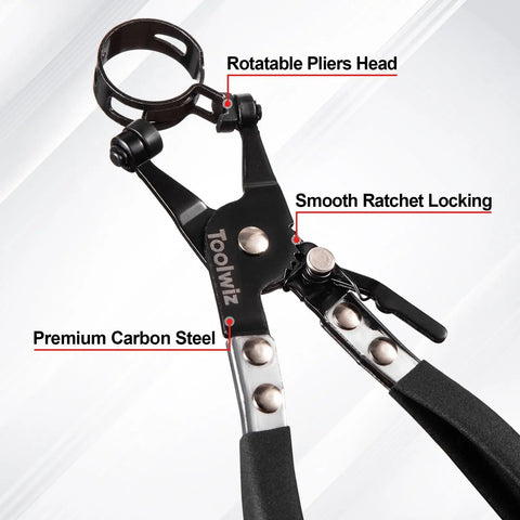 Close-up of Four Piece Radiator Hose Clamp Pliers Set With Long Reach 27 Inch Wire Spring Flat Band Remover And Clic R Type