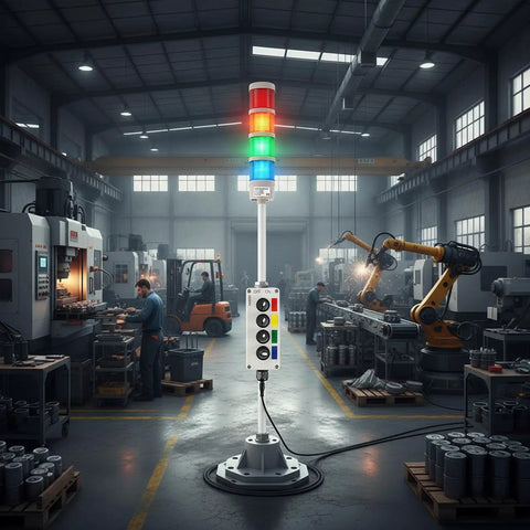 Top Notch Four Stack Led Andon Tower Light With Built In Buzzer For Industrial Workstations in a bustling factory setting.