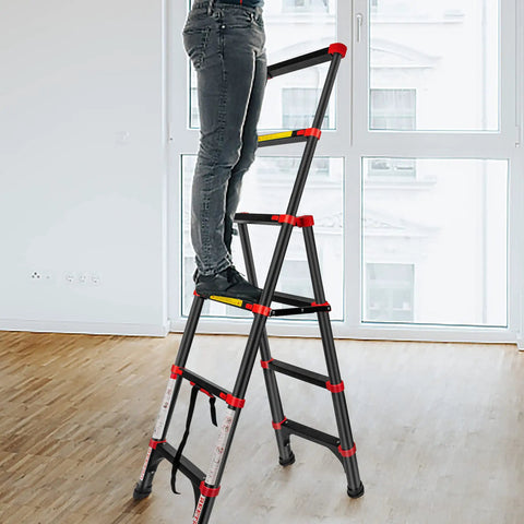 Person using 5-Foot Aluminum Telescoping A-Frame Ladder, Grab-And-Go Lightweight Portable Folding Step Ladder for home indoors