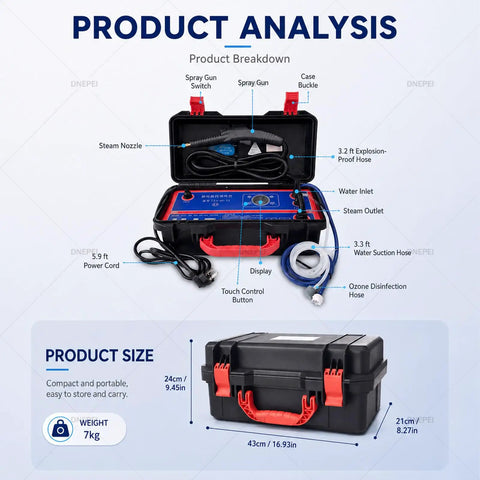 Dnepel Industrial Steam Cleaner 3500W detailed view with spray gun, hoses, and control panel in a compact case.