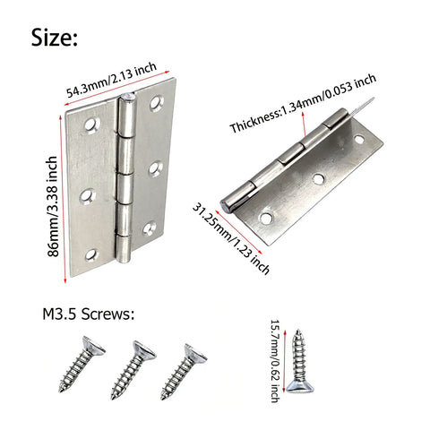 Five Pack Silver Square Corner Door Hinges In Stainless Steel With Screws, showing size and thickness dimensions.