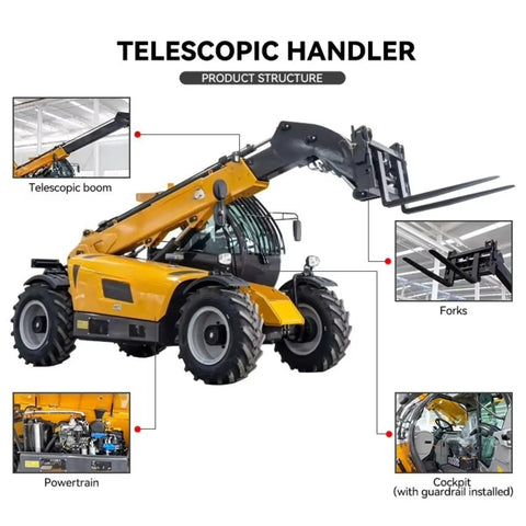 Heavy Duty Four Wheel Drive Telehandler Forklift with telescopic boom and forks for various job site tasks.