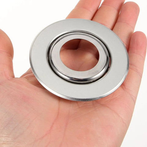 30 Pcs Stainless Steel Fire Sprinkler Cover Plates With Slick Silver Dual Disc Design, shown in hand for size comparison.