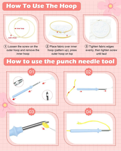 Instructional guide for using the hoop and punch needle tool in the All In One Punch Needle Kit For Beginners No Experience Needed.