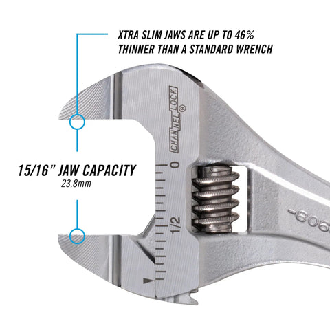 Six Inches Extra Slim Jaw Adjustable Wrench engineered for tight shuts, highlighting 15/16" jaw capacity and laser engraved scales.