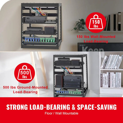 Heavy Duty 20U Server Cabinet With Smooth Rolling Casters And Adjustable Depth Rock Solid Network Equipment Rack For Wall Or Floor AV Gear Setups Built Like A Tank Carbon Steel featuring 150 lbs wall-mounted and 500 lbs ground-mounted capacity.