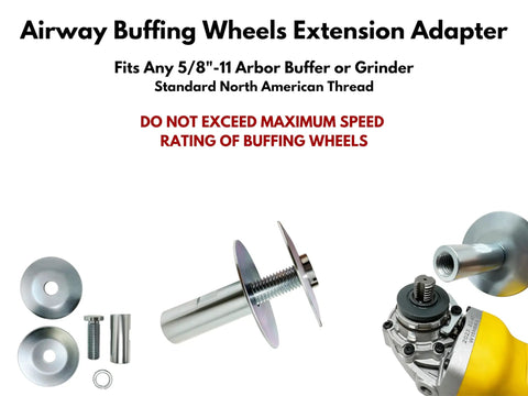 Pro Level Airway Buffing Wheel Extension Adapter For Angle Grinders And Rotary Buffers With 5 8 11 American Threads close-up of steel adapters and mounting hardware.