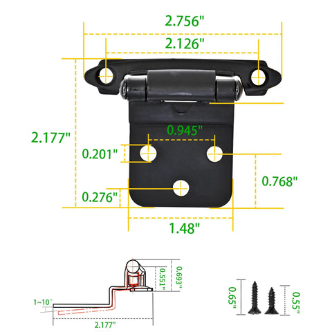 Tough Ten Pack Matte Black Self Closing Cabinet Hinges For Kitchen Cabinets with measurements and screws included