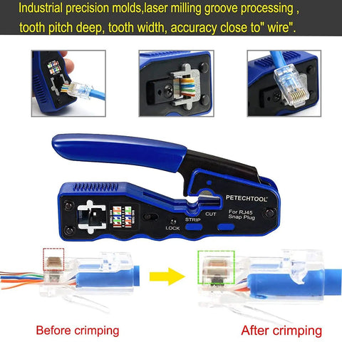 All-In-One RJ45 Crimp Tool Go-To Pass-Through Connectors, Works With Cat5e Cat6 Cat6a, Compact One-Hand Design in use