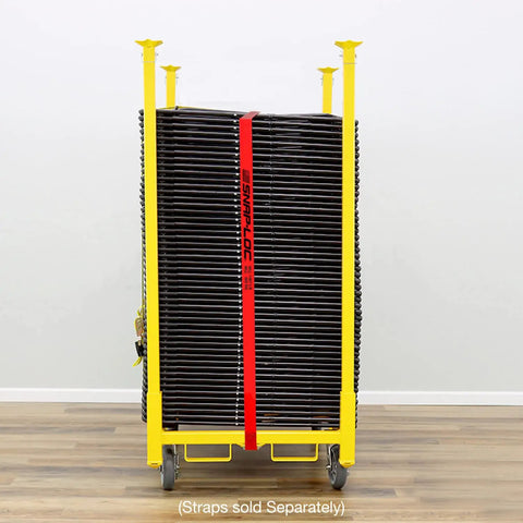 No Nonsense Yellow Four Wheel Chair Table Storage Cart With 3000 Lb Capacity, loaded with materials, visible steel deck and casters.