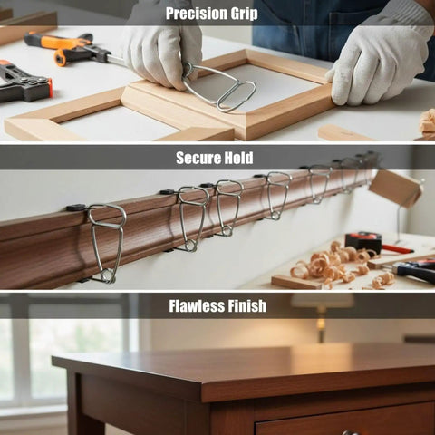 Heavy Duty Woodworking Spring Clamp Kit With 12 Stainless Steel Miter Clamps For DIY Projects, Gluing Frames And Trim Work Featuring Powerful Grip And Pointed Tips To Get Your Carpent Job Done Fast, stainless spring clamps on wood frame