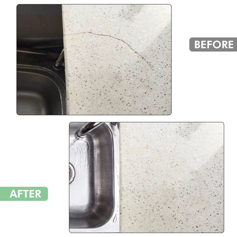 Before and after of countertop repair using Color Match Countertop Repair Kit For Granite Marble Quartz Corian Tile And Stone Surfaces With Epoxy Resin For Chip Crack Holes DIY Kit That Delivers Pro Grade Hue Matching On Porcelain And Tiles.