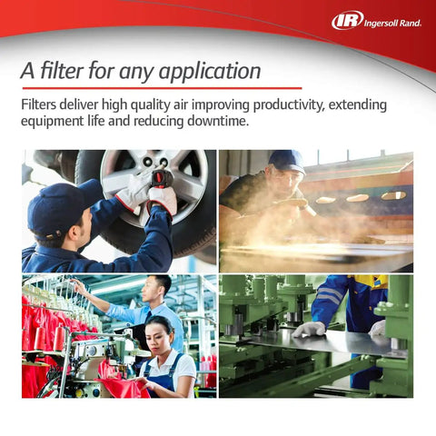 Collage of four industrial scenes with workers, highlighting Inline Compressed Air Filter FA30IH High Efficiency 0.1 Micron use
