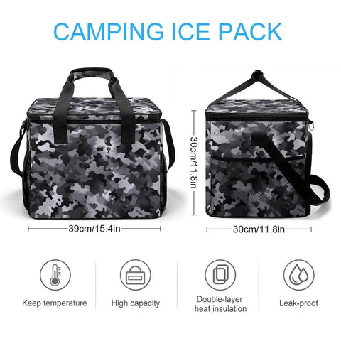 Picnic Backpack Cooler Bag With 30L Capacity Insulated Food And Drink Carrier in black white gray camouflage design