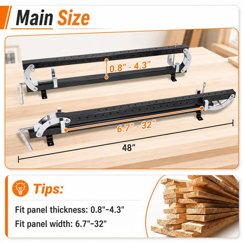 48 Inch Panel Clamps 2 Pack With U Shaped Pressure Blocks And Adjustable Parallelogram Couplers, showing size measurements on a wooden surface.