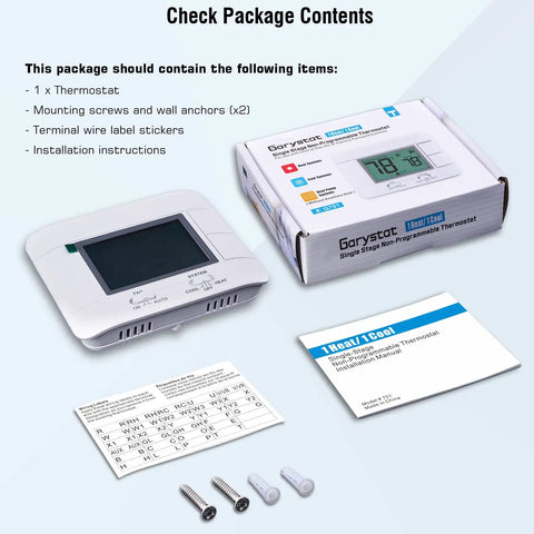 Digital Non Programmable Thermostat For Home 1 Heat 1 Cool Single Stage System With Temperature Humidity Monitor And Large Blue LCD Display Easy To Install And Works With Electric Gas Or Oil Furnaces package contents including thermostat, manual, screws, and box.