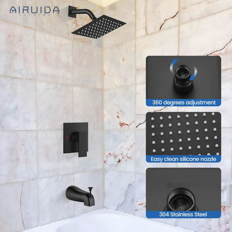 Hassle Free Matte Black Shower Faucet Set With Six Inch Rainhead And Tub Spout Solid Brass Rough In Valve All In One Bath Kit with adjustable head