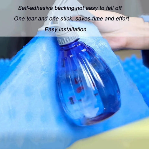 Heavy Duty Self Adhesive Acoustic Foam Panels For Home Studio And Man Cave Noise Reduction Sound Dampening Blue Peak Pyramid Egg Crate being installed with spray bottle.