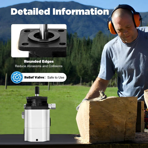 Detailed view of Heavy Duty Two Stage Hydraulic Pump 16 GPM 3000 PSI showing relief valve and rounded edges for log splitters.