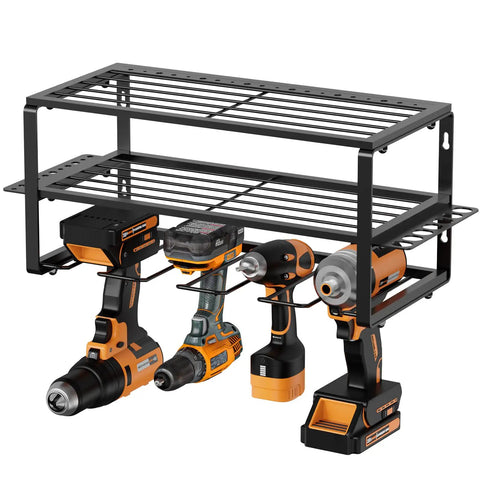 Heavy Duty Tool Organizer Rack For Garage Wall Mounted Drill Storage With Charger Shelf 100lbs Weight Capacity Easy Install
