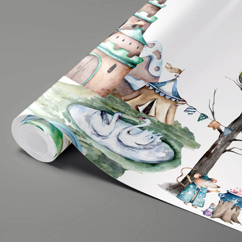 Dream Castle Bedroom Wall Mural Set, Large Peel And Stick Wallpaper unrolled, showing fantasy castle and swans, 100x144 inches, kid decor