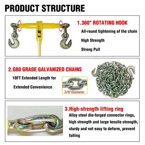 Diagram showcasing Heavy Duty Ratchet Load Binder and Chain Set 5/16 to 3/8 Inch G80 Chains features and structure
