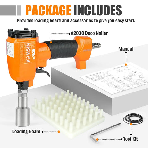 Package includes Dope Lightweight Pneumatic Decorative Nailer For Upholstery And Furniture with manual, loading board, tool kit.