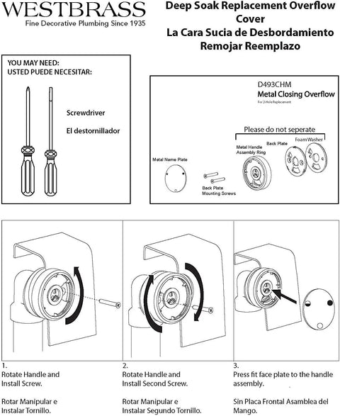 Installation guide for Patented Universal Two Hole Bathtub Overflow Cover With Deep Soak Round Design Polished Chrome
