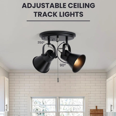 Two Light Black Track Lighting With Pull Chain Industrial Adjustable Ceiling Light Fixture in a modern kitchen setting