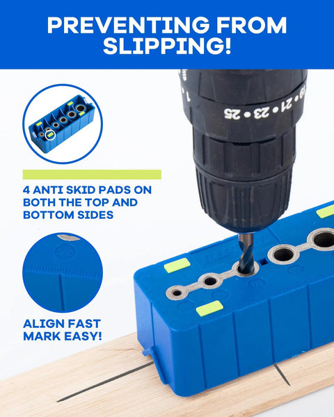 Drill Block Guide Set For Straight Holes With 9 Brad Point Bits And 6 Depth Collars, shown preventing slipping.