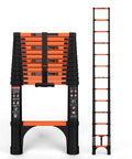 Telescoping Aluminum Ladder 12.5 Feet, Heavy Duty Extension Ladder With 330 Lb Capacity, Collapsible Multi Purpose For Home Roof And RV, ANSI A14.2 Certified, Lightweight Orange Telescopic Ladder For DIY Pros, extended and collapsed view