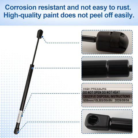 Close-up of Twenty Inch RV Door Gas Strut For Camper Compartment Lift Support showing black finish and high pressure warning.