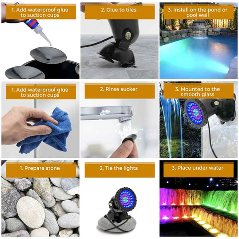 Installation guide for Pond Lights Color Changing Underwater RGB Lit Spotlight Kit IP68 Waterproof Submersible Fountain Lights