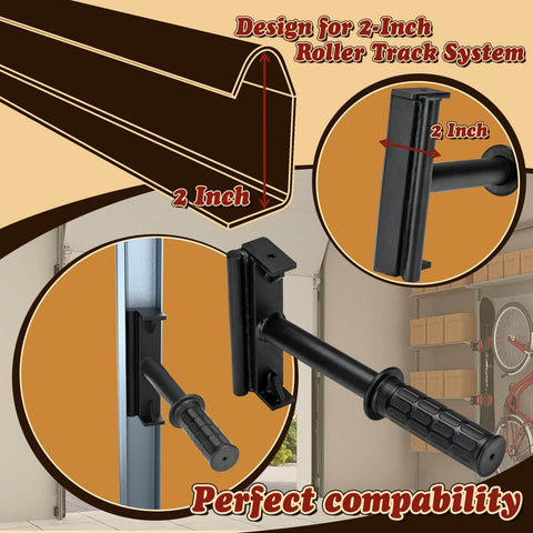Heavy Duty Garage Door Vertical Track Repair Tool Set For 2 Inch Roller Rail Systems shown with anti-slip handle and compatibility illustration