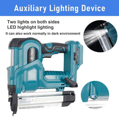 Ergonomic Grip Cordless 21 Volt 2 In 1 Brad Nailer With Adjustable Depth And Bright Work Light, showing LED lights for visibility.