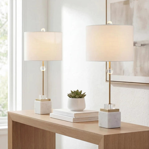 30 Inch White Marble And Brass Gold LED Table Lamp Set Of 2 Modern Glam Crystal Pedestal Lamps For Living Room Or Bedroom White Linen Shade Energy Efficient LED Bulbs Included on wooden console