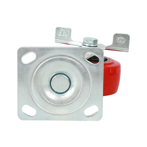 Heavy Duty 4 Inch Red Polyurethane Swivel Caster With Wheel Brake, 550 Lbs Rugged Capacity, view of the metal base and brake.