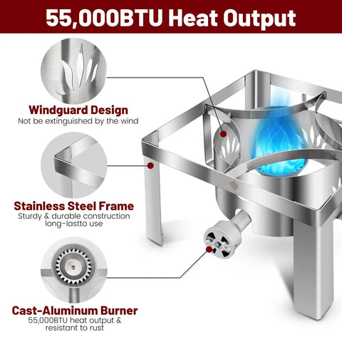 Portable 55,000 BTU Stainless Steel Propane Burner For Camping And Outdoor Cooking With CSA Regulator And Windshields showing windguard design, stainless steel frame, and cast-aluminum burner.