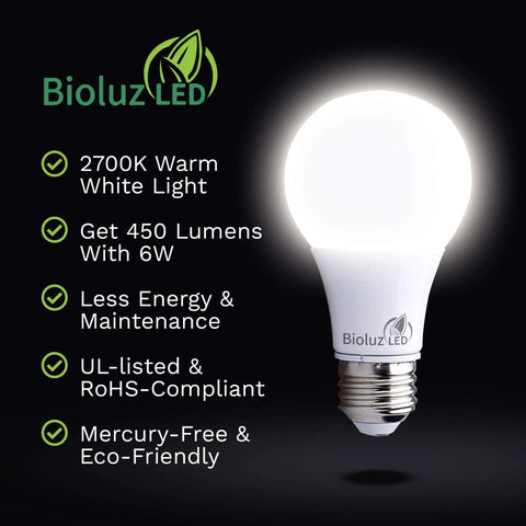 Bright LED A19 Light Bulbs 6W Replace 40W Warm White 2700K with 300 Degree Beam Angle E26 Base Non Dimmable FCC UL Listed RoHS