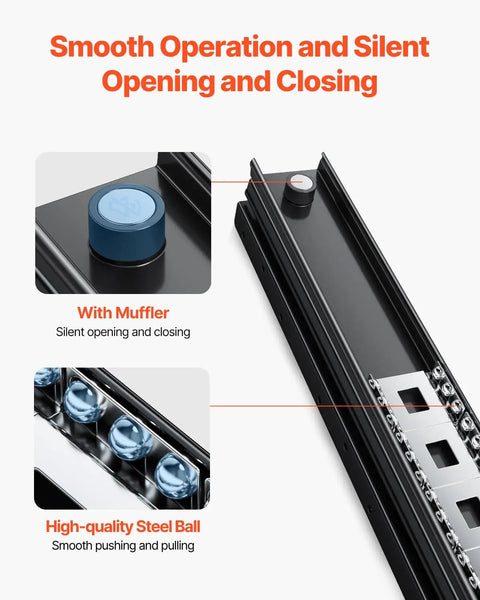 Tough As Nails Undermount Drawer Slides Full Extension Ball Bearing System Designed For Zero Friction Cabinet Travel Rock Solid Weight Support Fast Swap Black Finish showing steel ball bearing mechanism and muffler.