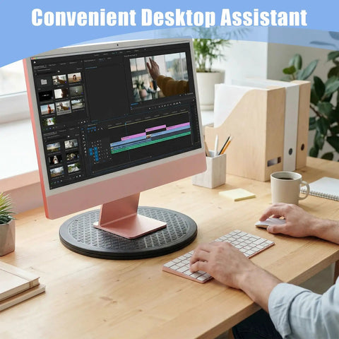 3 Pack 12 Inch Heavy Duty Rotating Swivel Stands That Roll Smooth as Butter With 360 Degree Lazy Susan Spin for Kicking Your Kitchen Cabinet Chaos to the Curb While Keeping Your Space Spick and Span used for a desktop monitor setup.