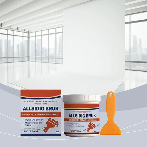150g Quick Drying Wall Repair Paste Kit With Scraper Drywall Sealant For Plaster And Woodwork Interior Repair For Ceilings Doors Windows Baseboards Trim Fills Scratches Dents Cracks DIY Friendly Smooth Finish packaging with scraper against modern interior background.