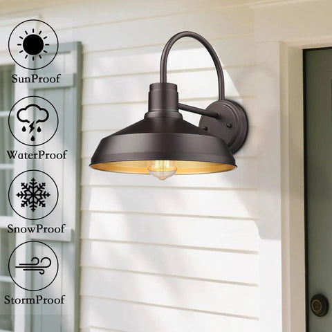 Gooseneck Outdoor Barn Light Wall Sconce Set Exterior Porch Lighting Fixture in Oil Rubbed Bronze, mounted on wall, weatherproof icons