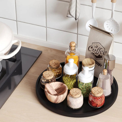 Real Deal Bamboo Lazy Susan Organizer For Kitchen Cabinet Super Slick Rotating Swivel Tray with spices and jars on black turntable