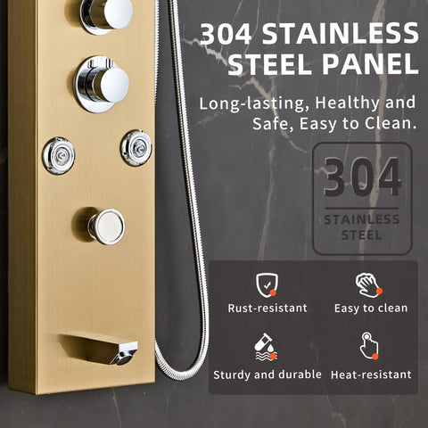 Heavy Duty Led Five In One Shower Panel Tower System With Brushed Gold Finish And Rock Solid 304 Stainless Steel Frame, showcasing controls and hoses.