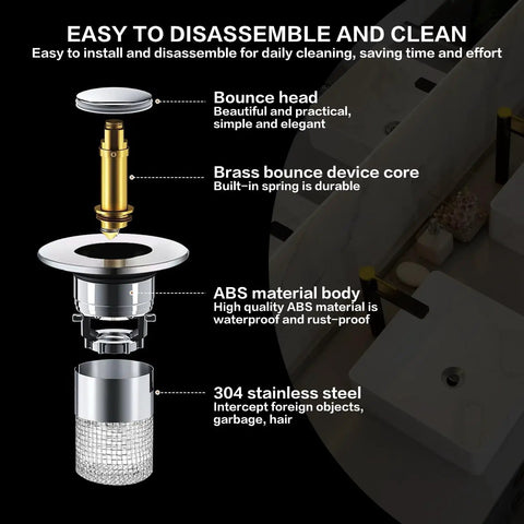 Exploded view of Heavy Duty Stainless Steel Sink Drain Strainer And Stopper showing components: brass core, ABS body, and bounce head.