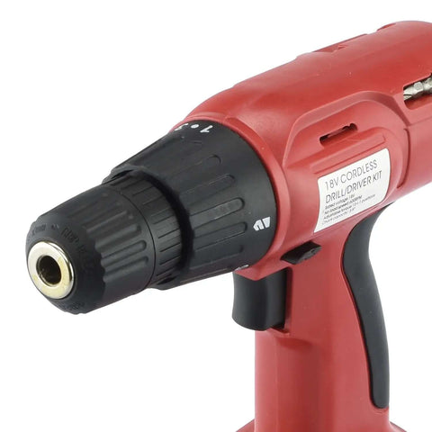 Job Site Ready 18V Cordless Power Drill With Keyless Chuck and Zero Hassle 16 Torque Clutch for Home Office or Automotive Work Includes Battery Charger Bundle close-up of drill chuck and body
